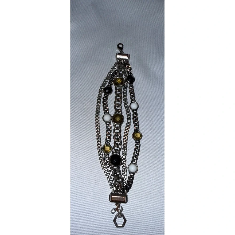 Juicy Couture Multi Strand‎ Chain Bracelet Silver Tone Amber White Black Stones